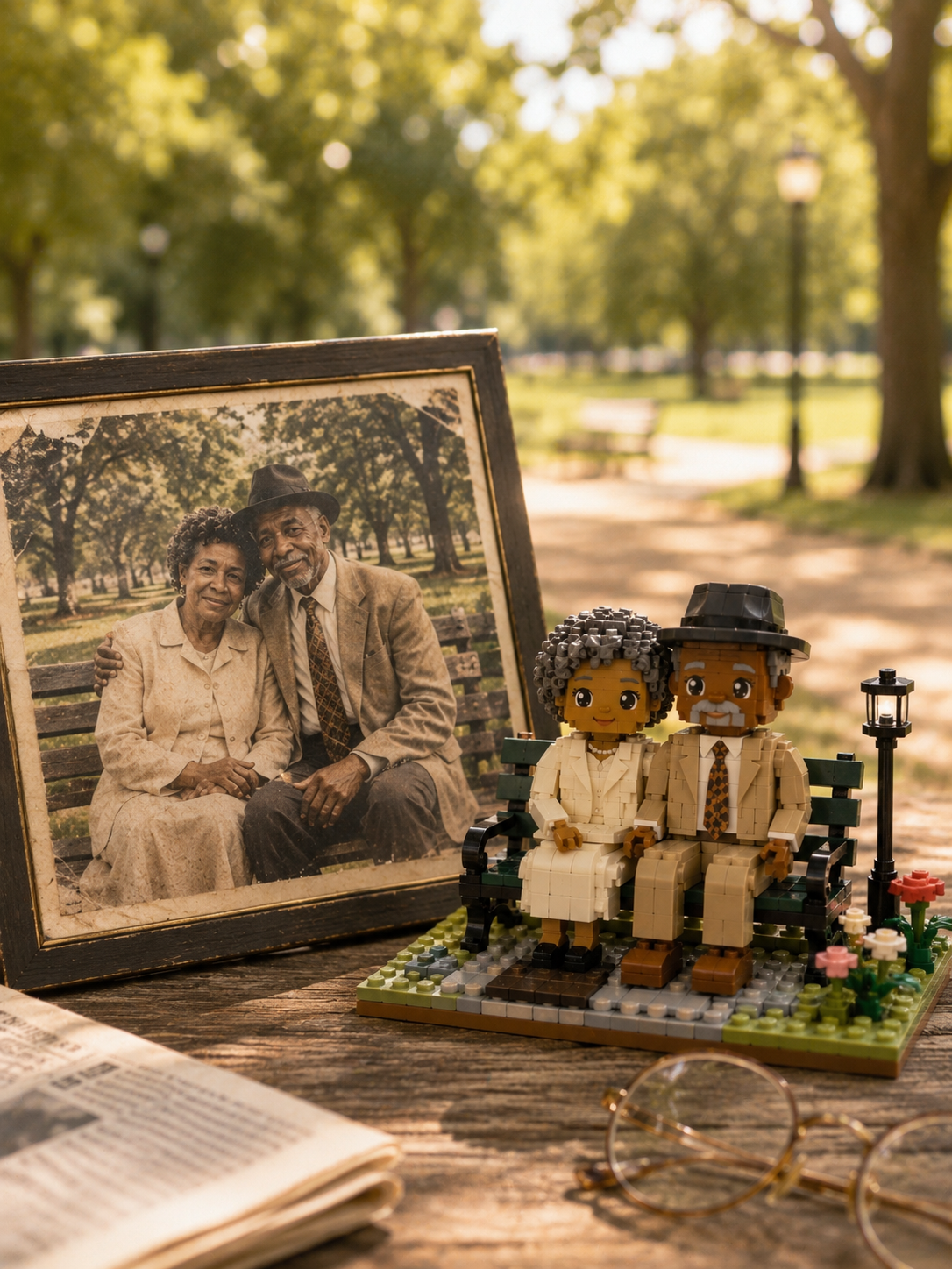 Elderly couple on a park bench with their custom brick keepsake