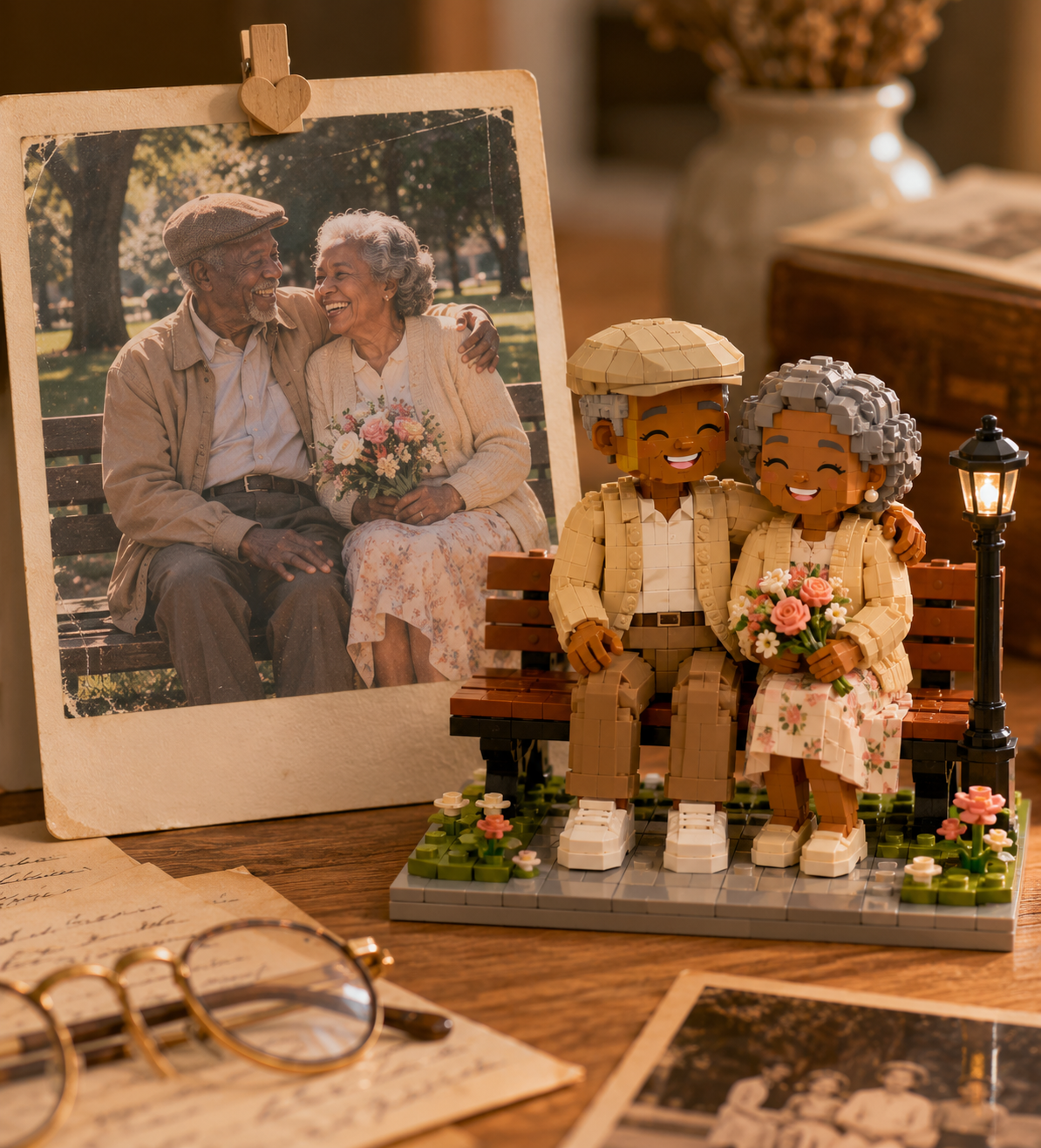 Elderly couple on a park bench beside their matching custom brick figures