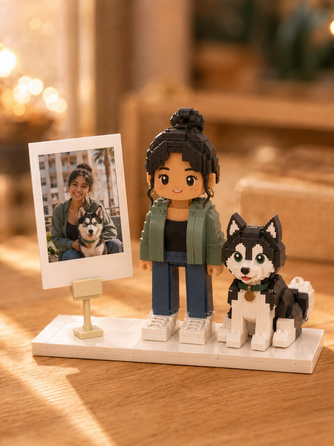 Woman and her husky dog beside their matching custom brick figures